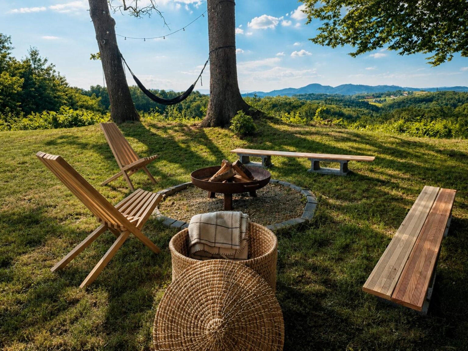 Ferienhaus Panorama in Gamlitz: Feuerstelle mit Hängematte und Weitblick